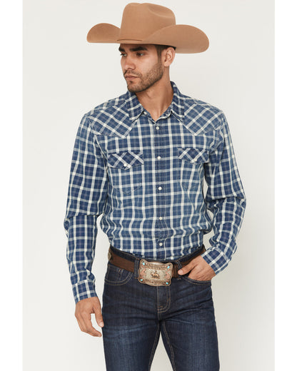 Cody James Men's Conaway Denim Plaid Print Long Sleeve Snap Western Sh