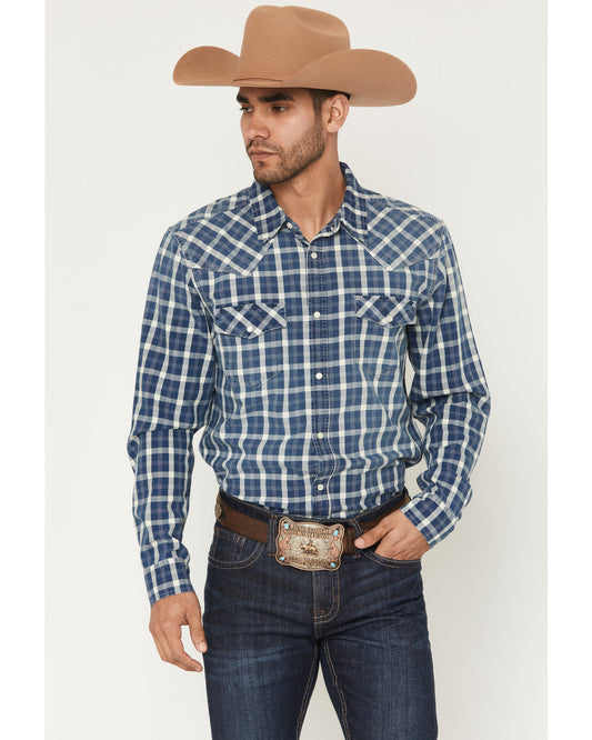 Cody James Men's Conaway Denim Plaid Print Long Sleeve Snap Western Sh