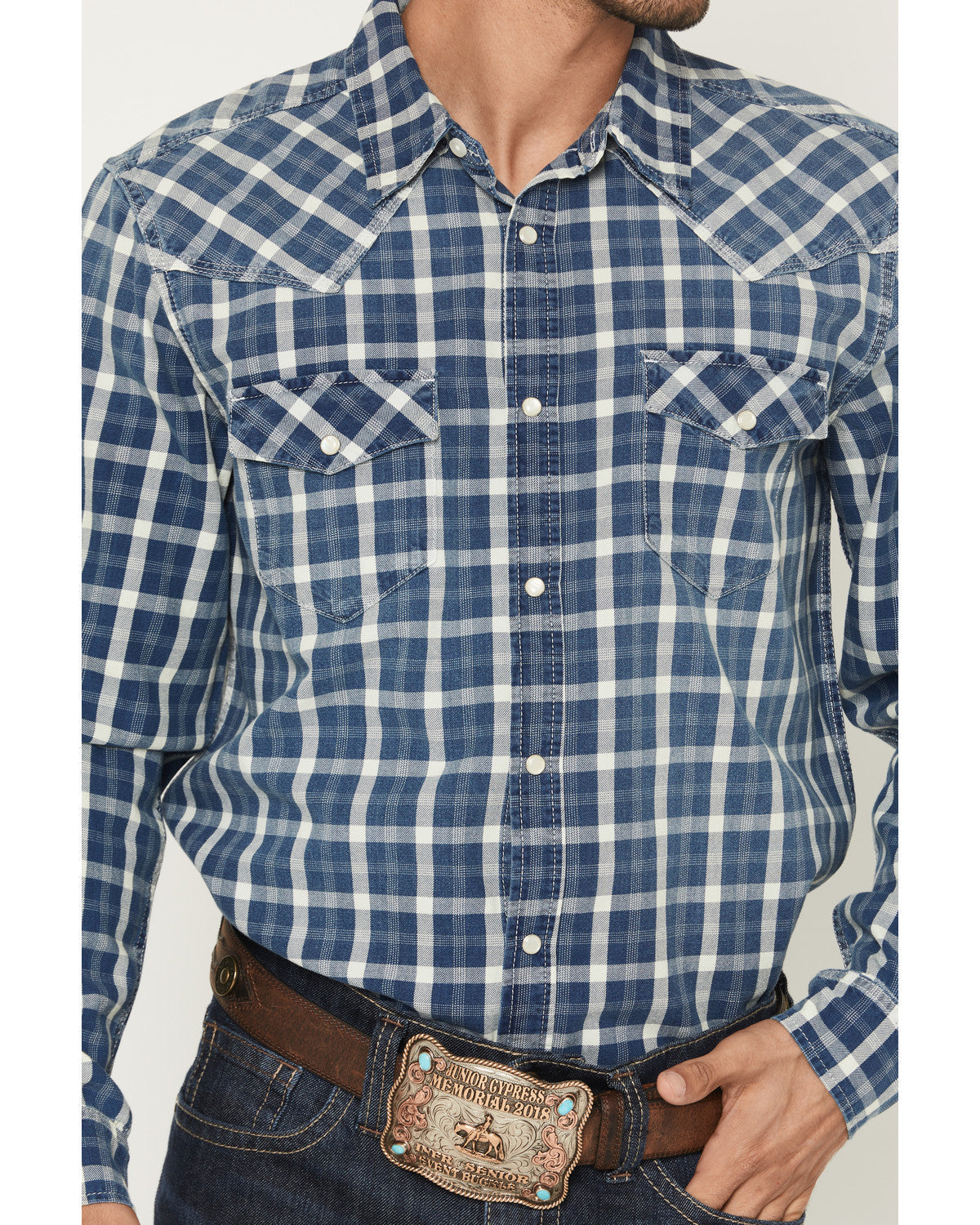 Cody James Men's Conaway Denim Plaid Print Long Sleeve Snap Western Sh