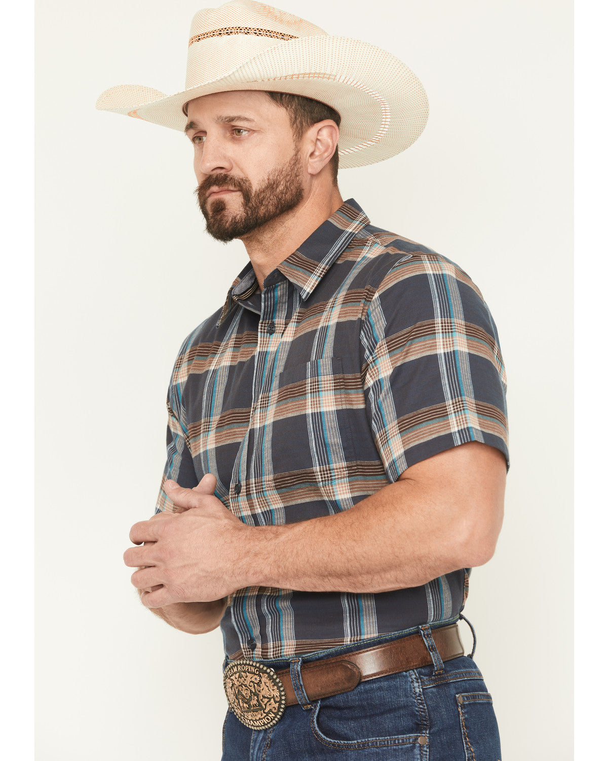 Cody James Men's High Plains Ranch Plaid Print Short Sleeve Button-Dow