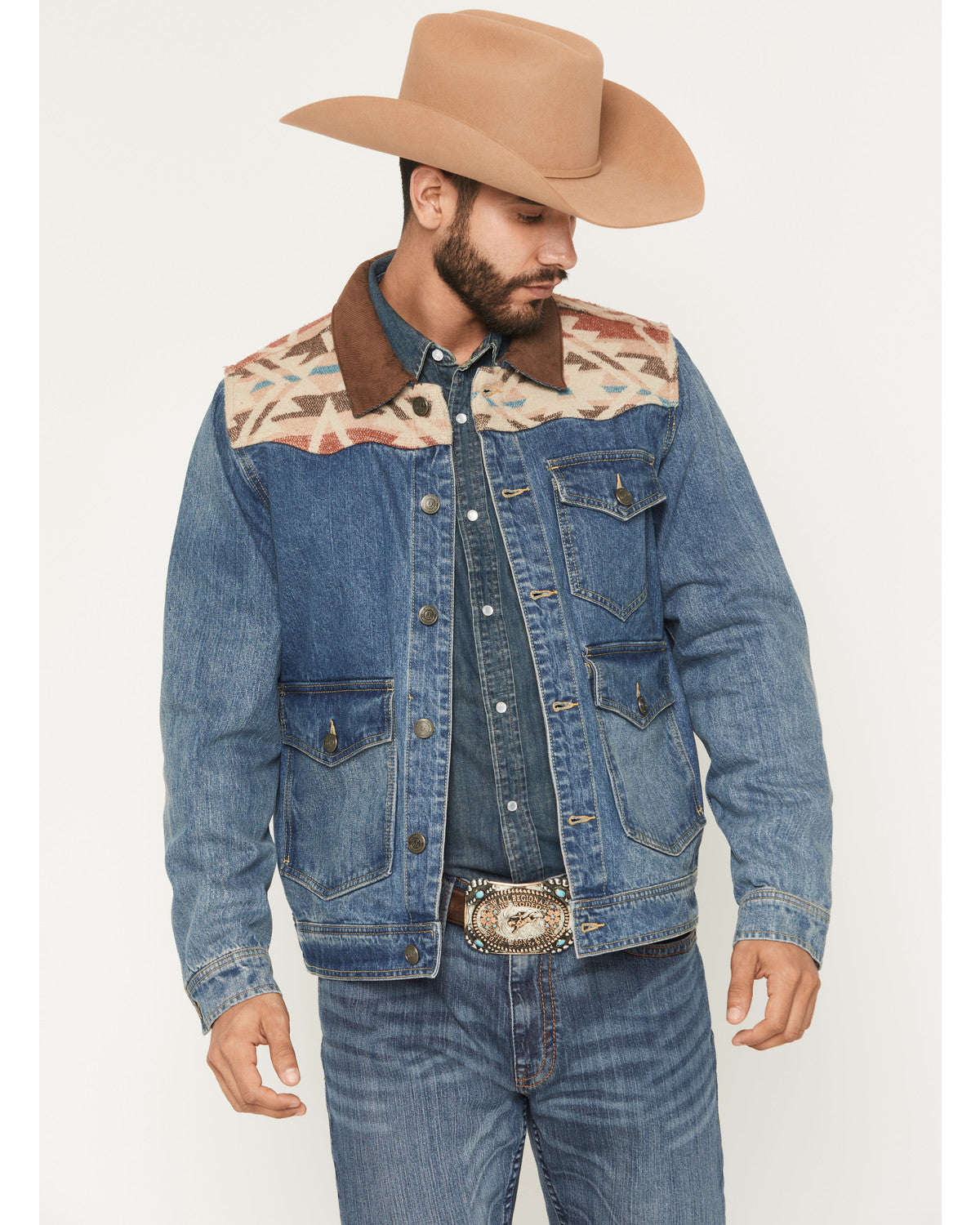 Cody James Men's Southwestern Blanket Yoke Unlined Denim Jacket