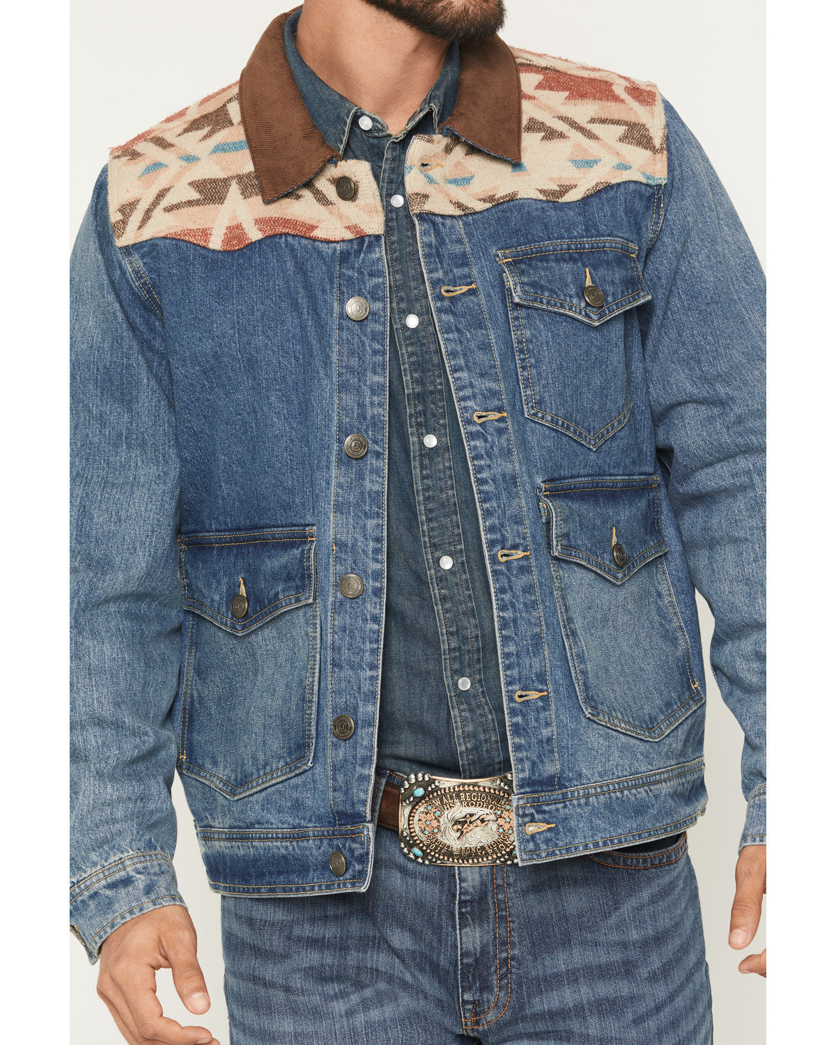 Cody James Men's Southwestern Blanket Yoke Unlined Denim Jacket
