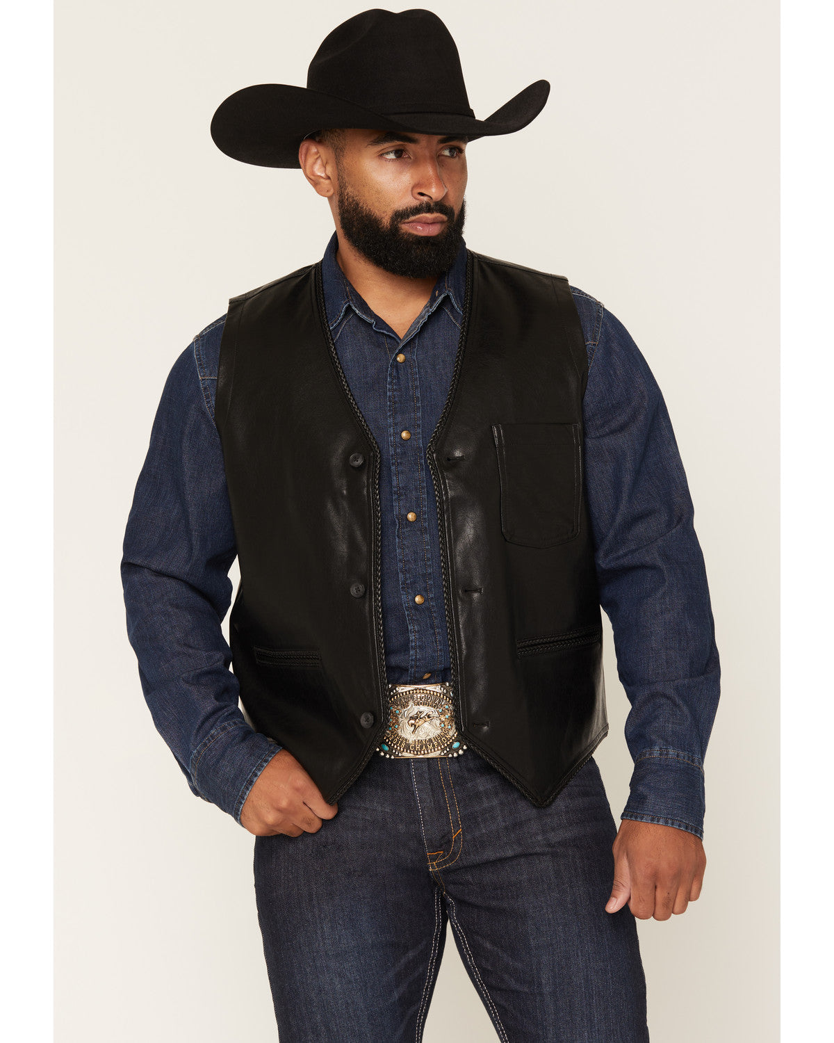 Cody James Men's Hogan Faux Leather Braided Trim Button-Down Vest