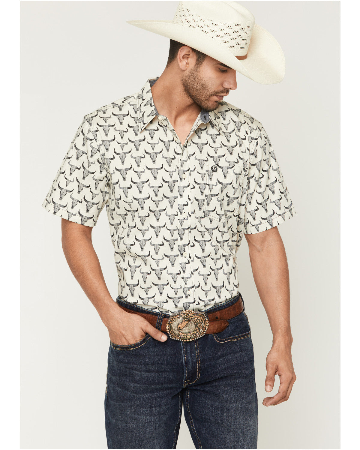Cody James Men's Toro Steer Head Print Short Sleeve Button-Down Stretc