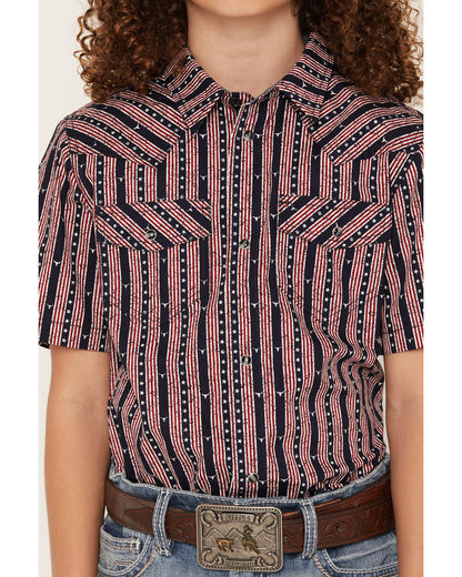 Cody James Boys' Steer Head Stars & Stripes Short Sleeve Snap Western