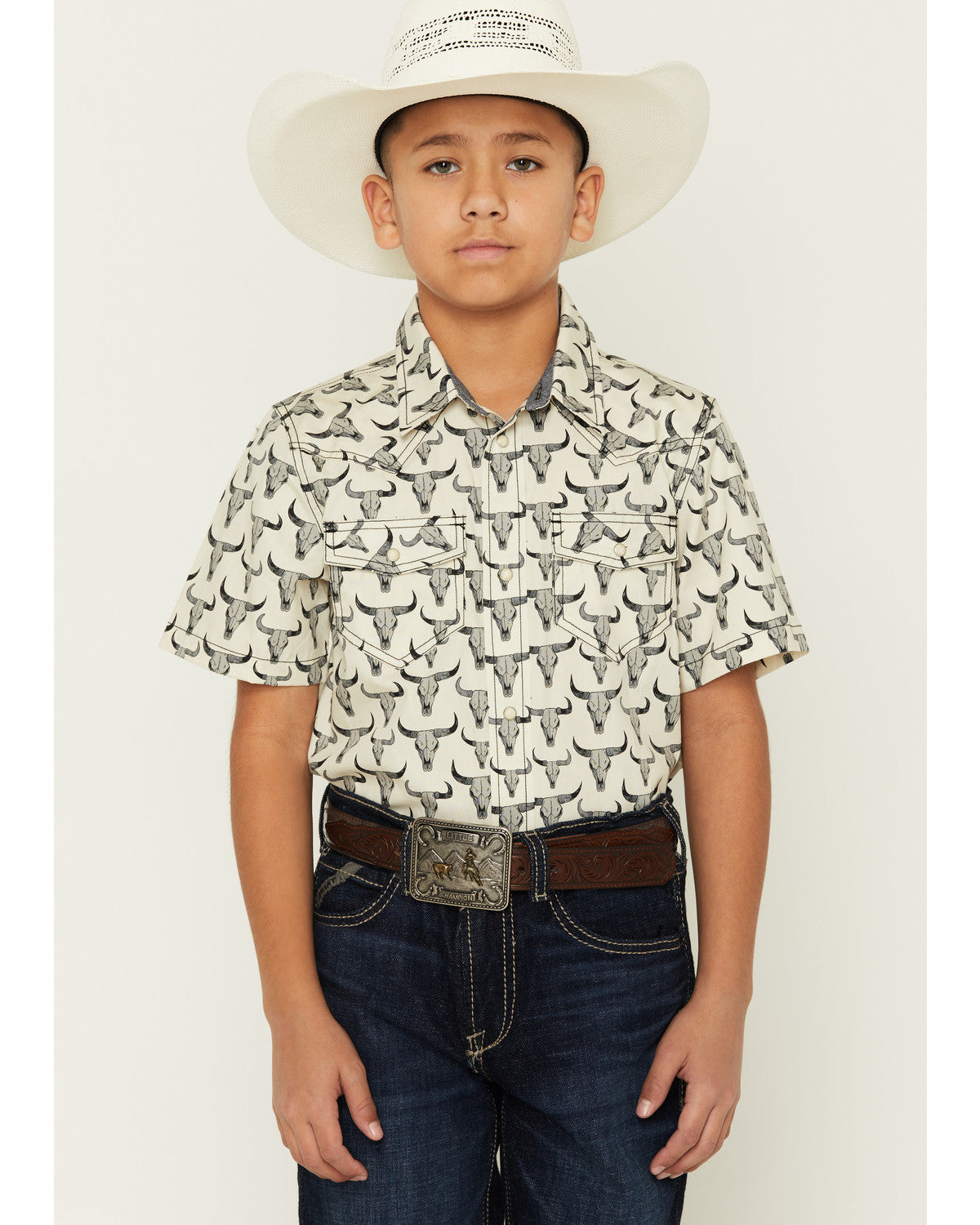 Cody James Boys' Toro Steerhead Print Short Sleeve Snap Western Shirt