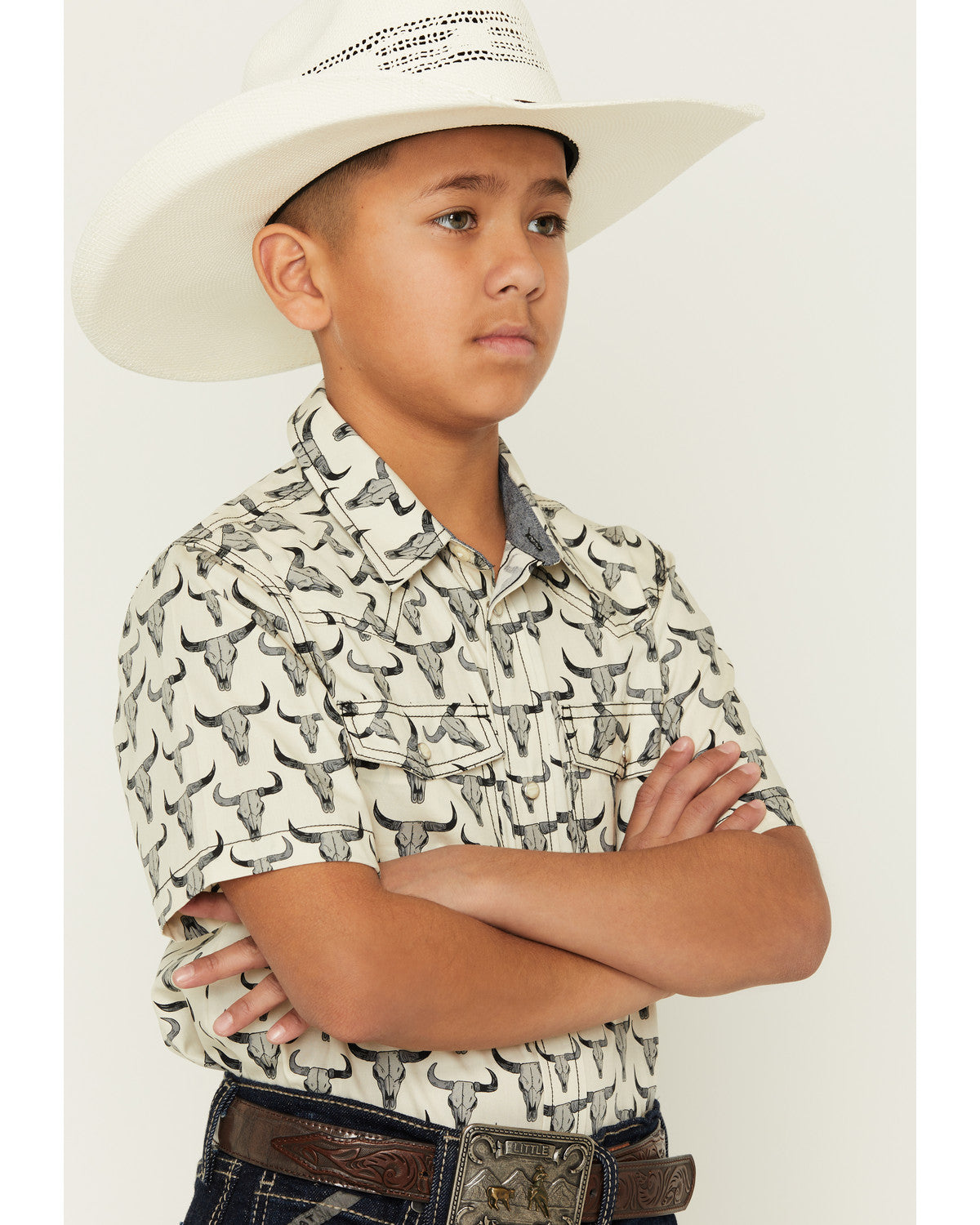 Cody James Boys' Toro Steerhead Print Short Sleeve Snap Western Shirt