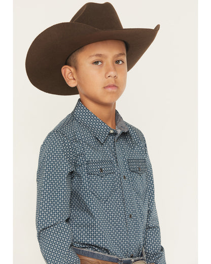 Cody James Boys' Bourbon Geo Print Long Sleeve Pearl Snap Western Shir