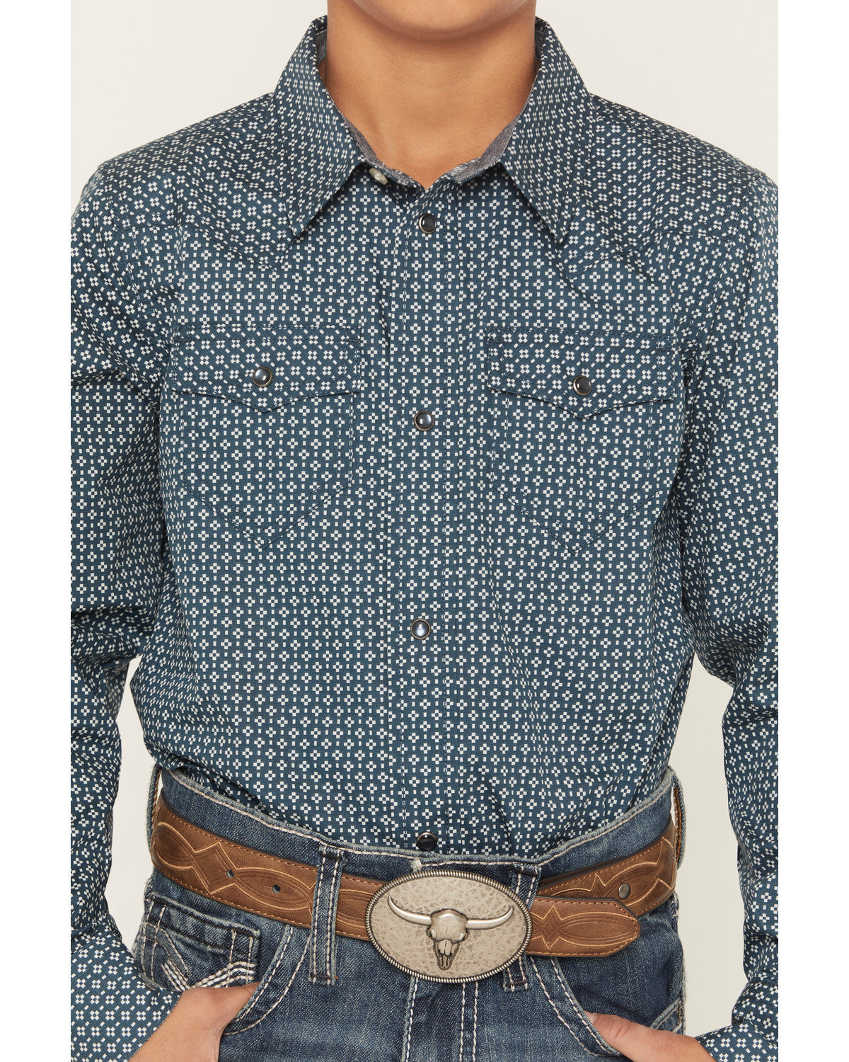 Cody James Boys' Bourbon Geo Print Long Sleeve Pearl Snap Western Shir