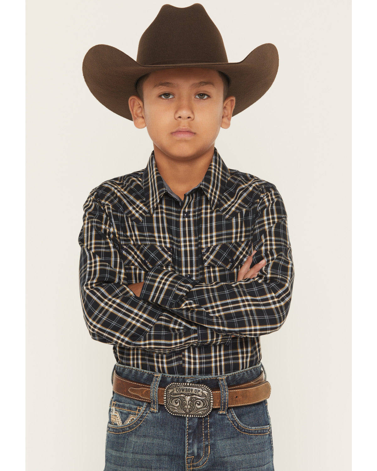 Cody James Boys' Warriors Way Plaid Print Long Sleeve Snap Western Shi