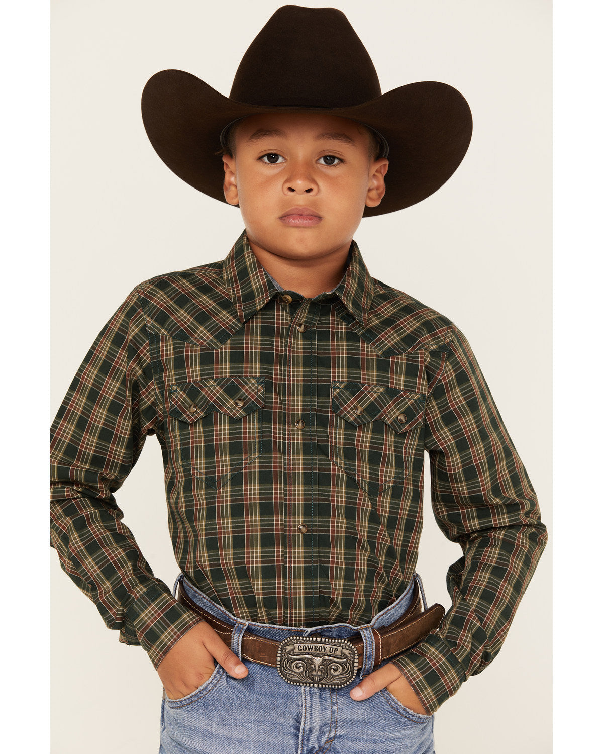Cody James Boys' Douglas Fir Plaid Print Long Sleeve Snap Western Shir