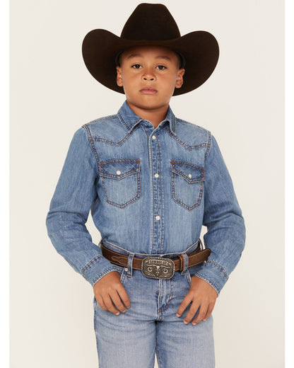 Cody James Boys' Cave Creek Long Sleeve Pearl Snap Western Denim Shirt