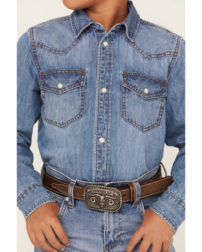 Cody James Boys' Cave Creek Long Sleeve Pearl Snap Western Denim Shirt