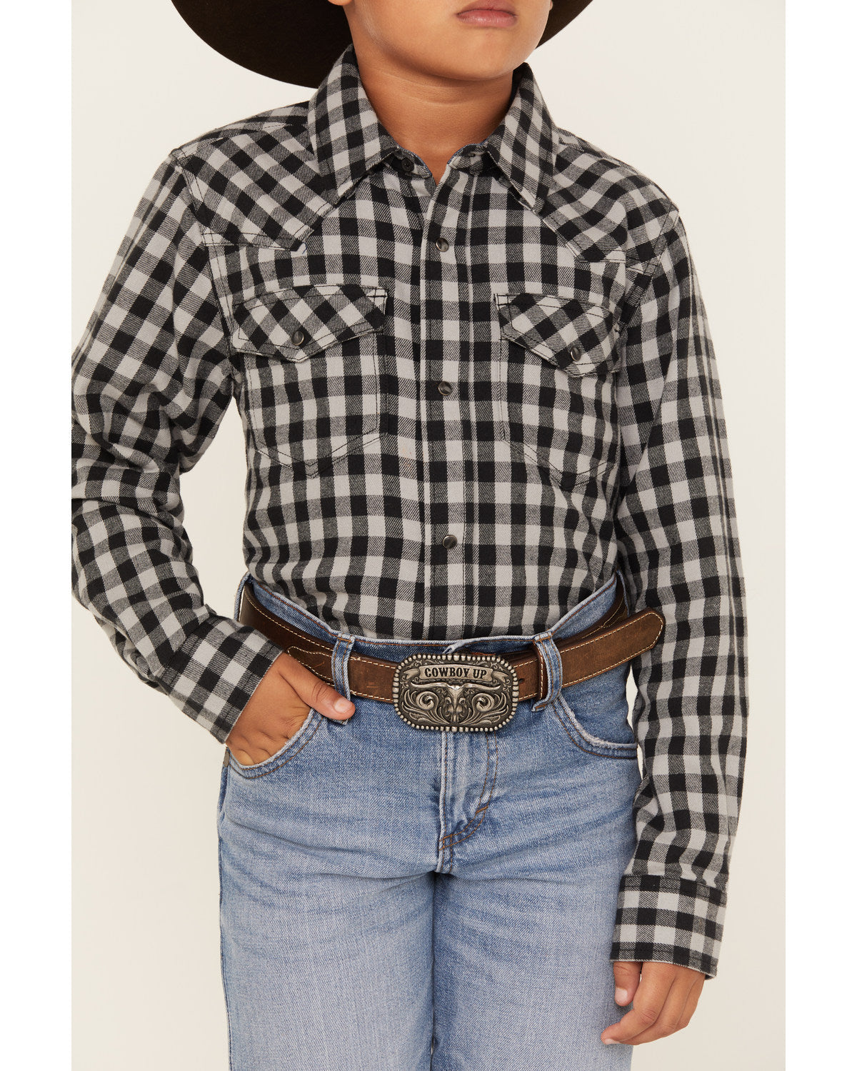 Cody James Boys' Gingham Print Long Sleeve Snap Western Flannel Shirt