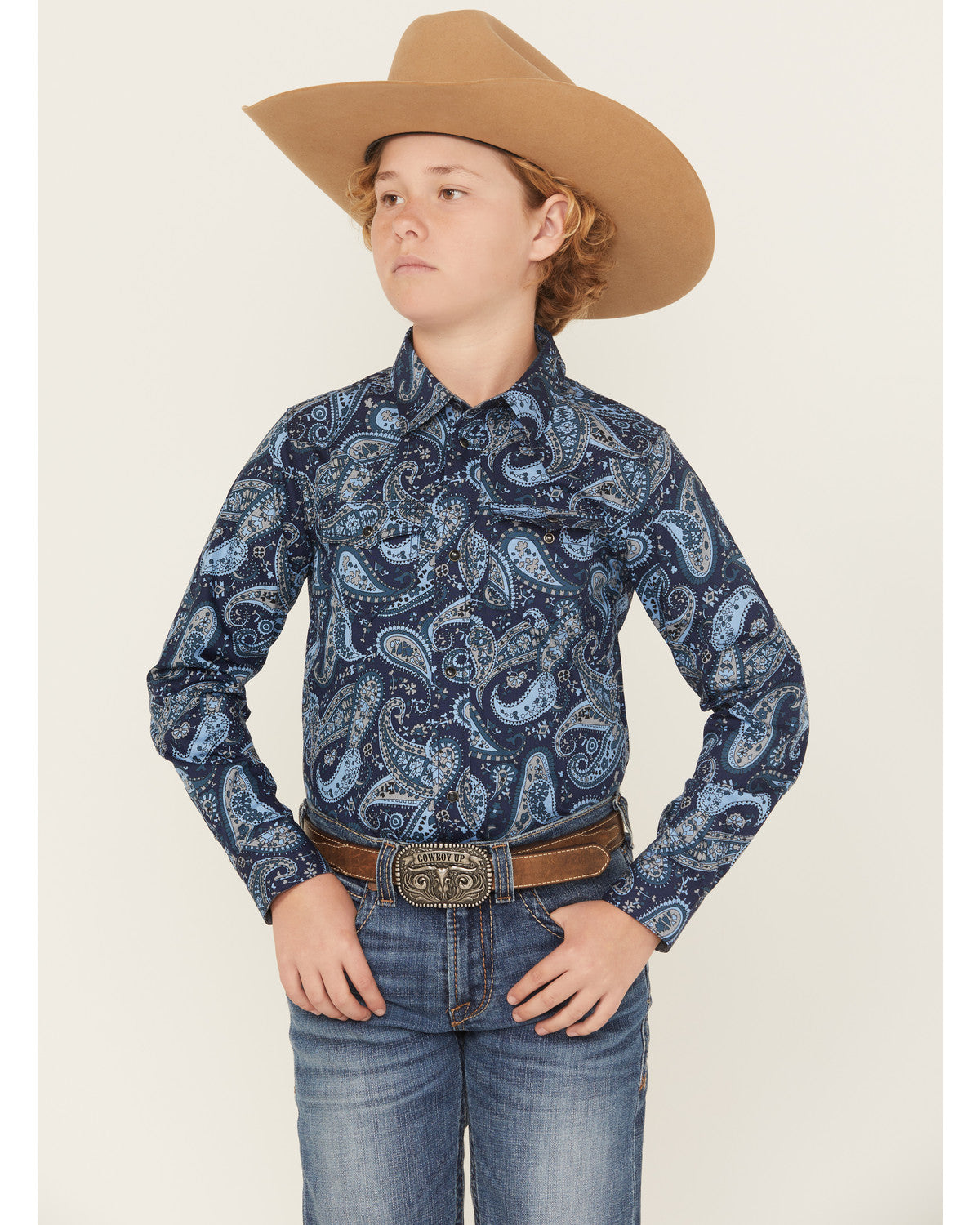 Cody James Boys' Westward Paisley Print Long Sleeve Snap Western Shirt