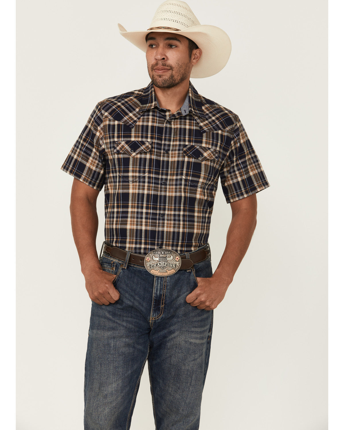 Cody James Men's Rustic Rodeo Plaid Print Short Sleeve Snap Western Sh