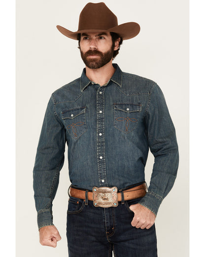 Cody James Men's Medium Wash Denim Long Sleeve Pearl Snap Western Shir