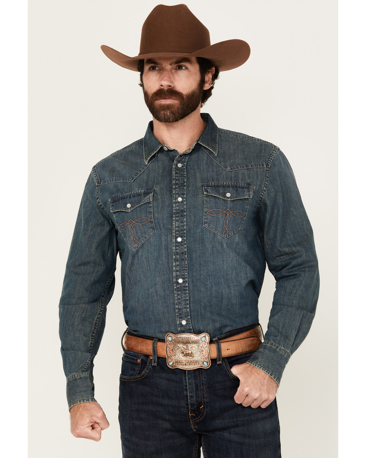 Cody James Men's Medium Wash Denim Long Sleeve Pearl Snap Western Shir