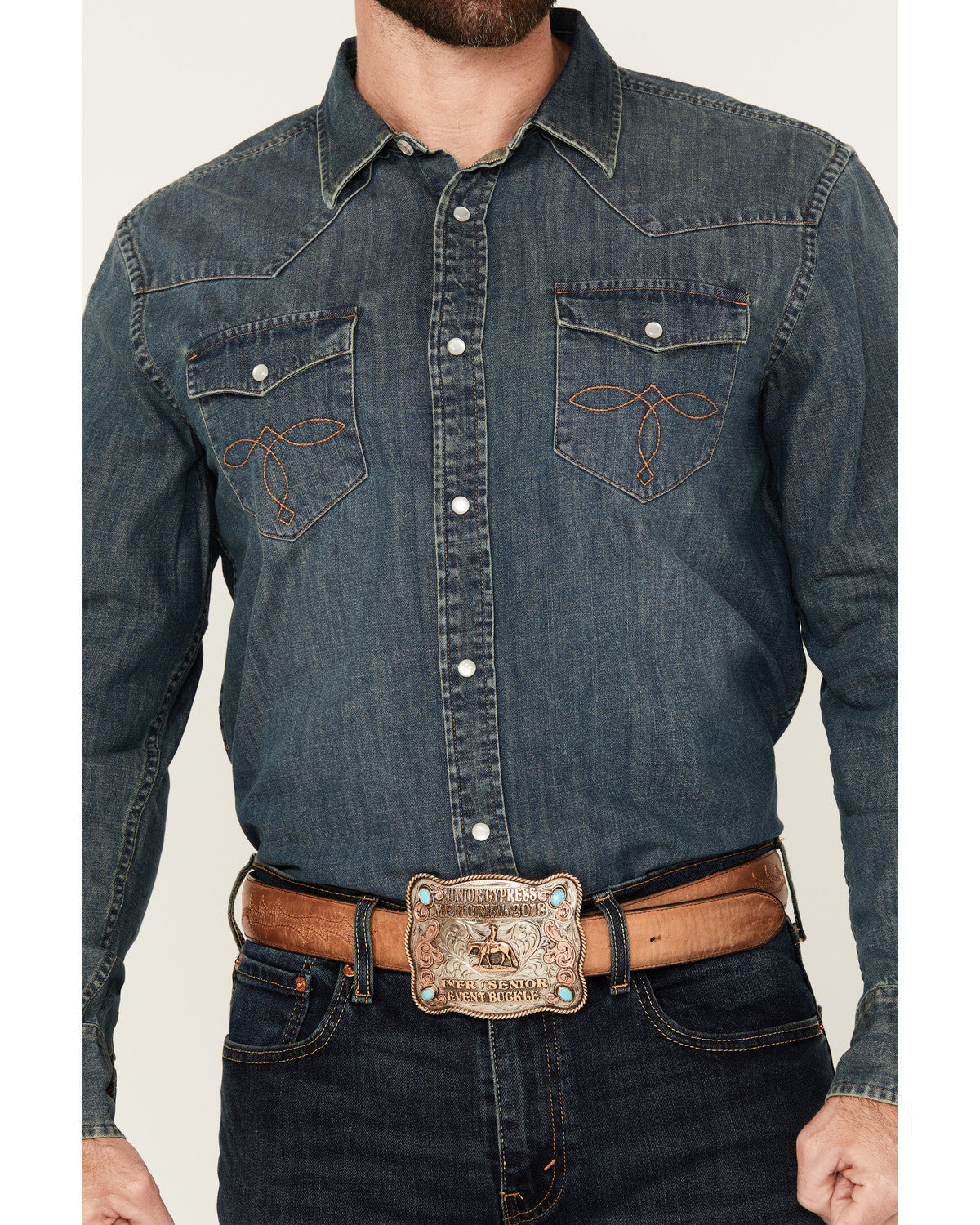 Cody James Men's Medium Wash Denim Long Sleeve Pearl Snap Western Shir