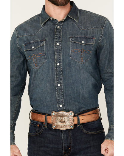 Cody James Men's Medium Wash Denim Long Sleeve Pearl Snap Western Shir