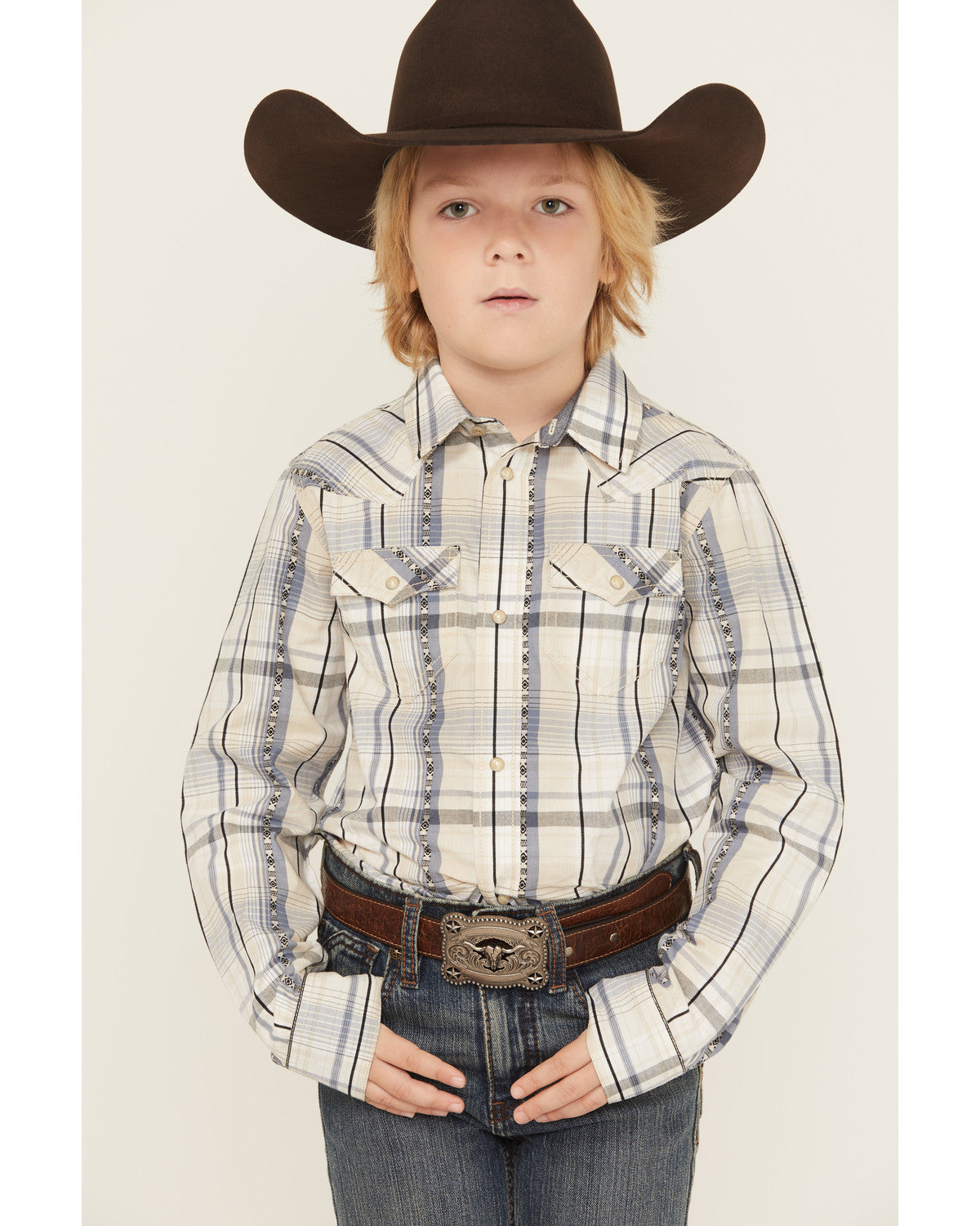 Cody James Boys' Wind Plaid Print Long Sleeve Snap Western Shirt