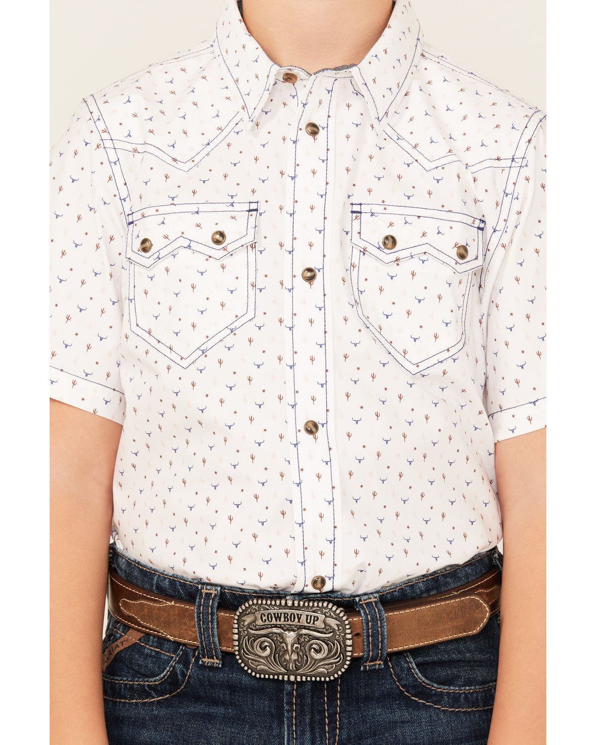 Cody James Boys' Bull Cactus Print Short Sleeve Snap Western Shirt