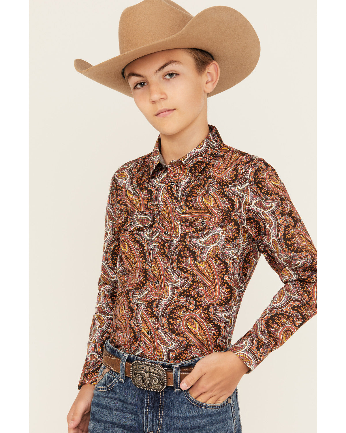 Cody James Boys' Dennis Paisley Print Long Sleeve Snap Western Shirt
