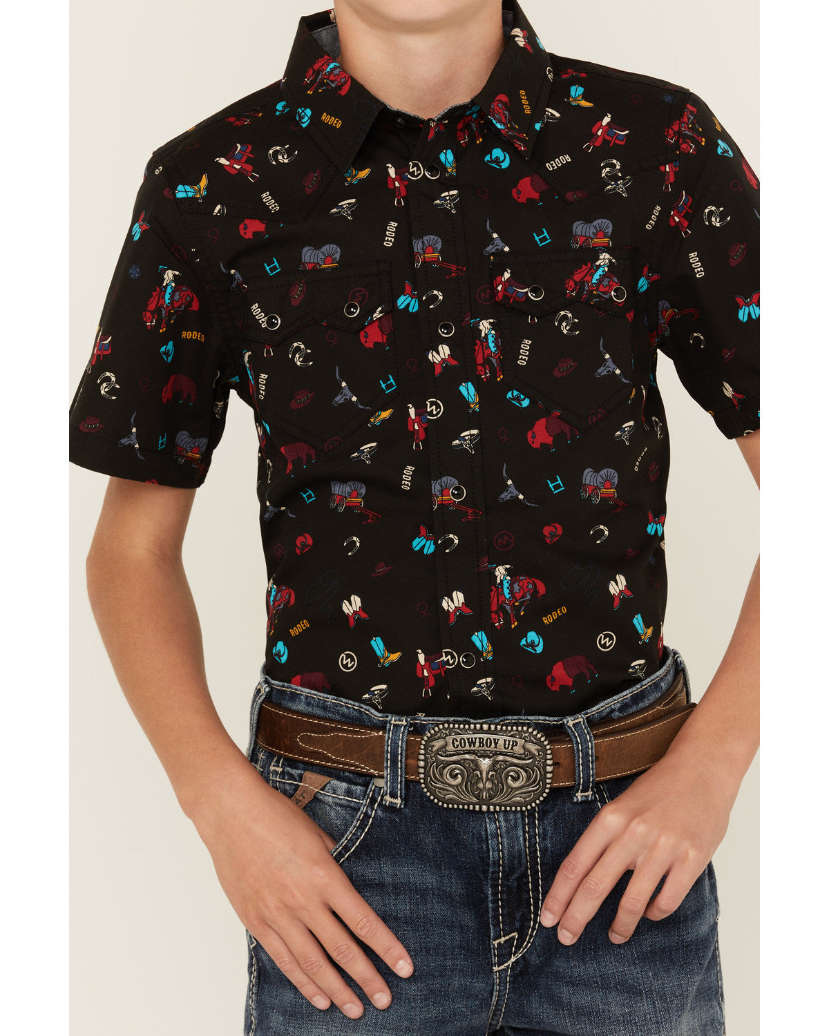 Cody James Boys' Sheriff Conversation Print Short Sleeve Snap Western