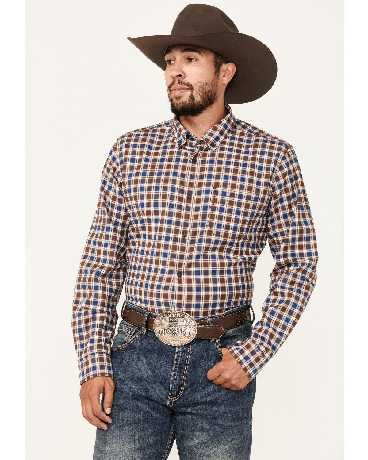 Cody James Men's Hound Dog Plaid Print Long Sleeve Button-Down Western