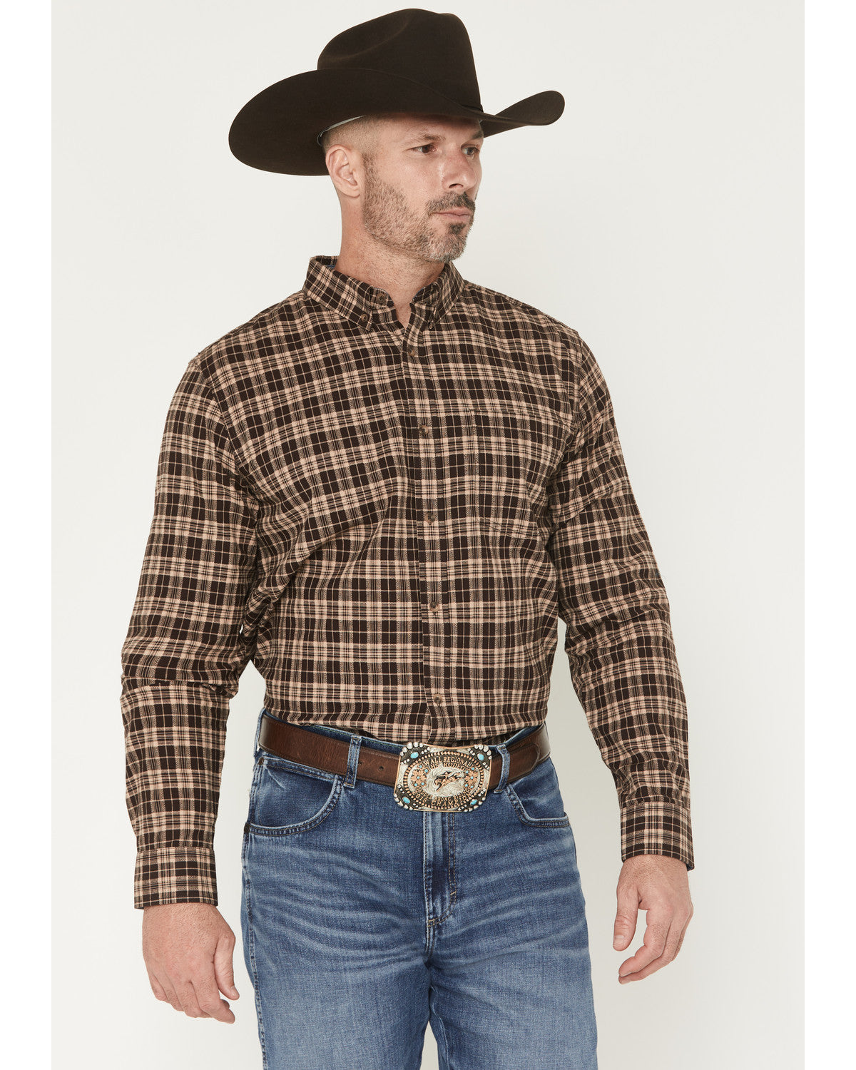 Cody James Men's Whiskey Ranch Plaid Print Long Sleeve Button-Down Str