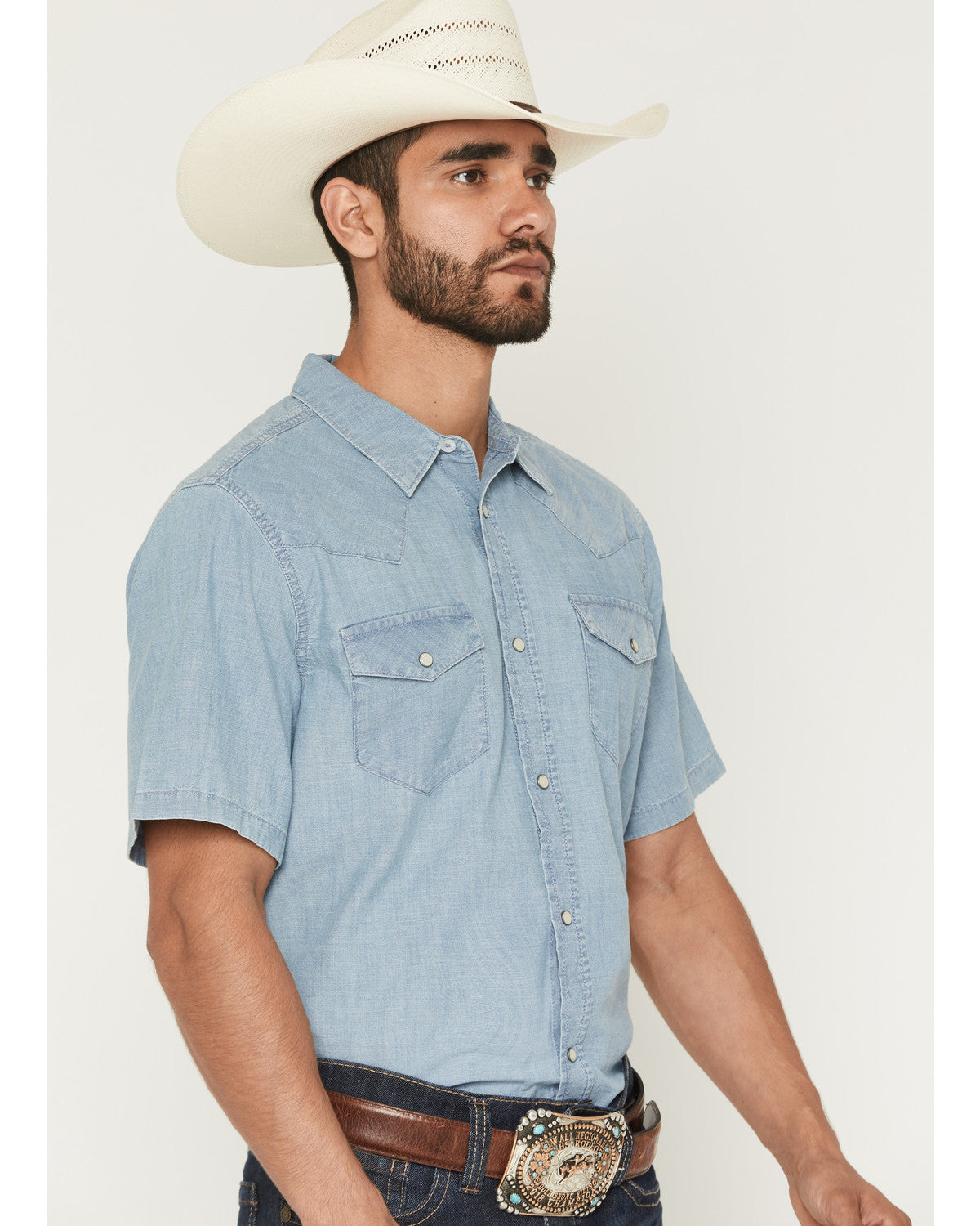 Cody James Men's Horizon Chambray Light Wash Short Sleeve Snap Western