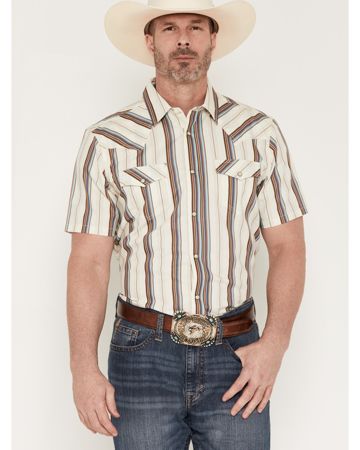 Cody James Men's Bootcutger Stripe Print Short Sleeve Snap Western Shi