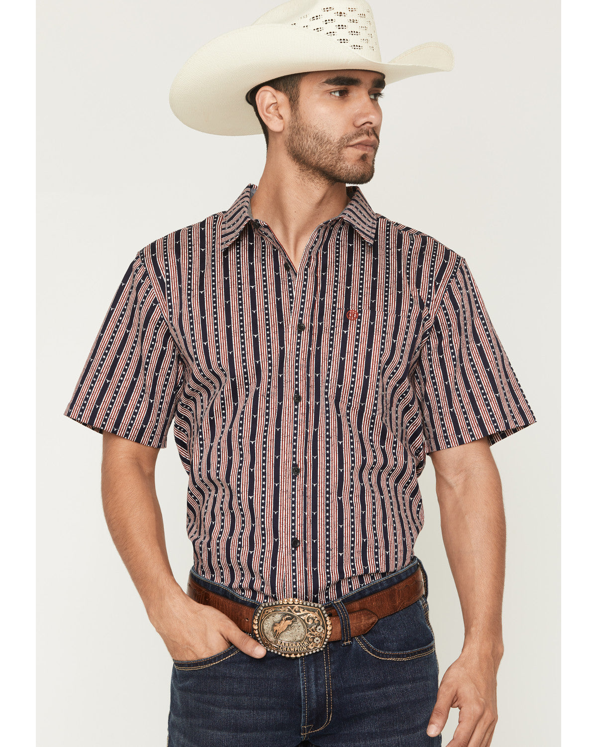 Cody James Men's Stripe Steerhead Short Sleeve Button-Down Stretch Wes