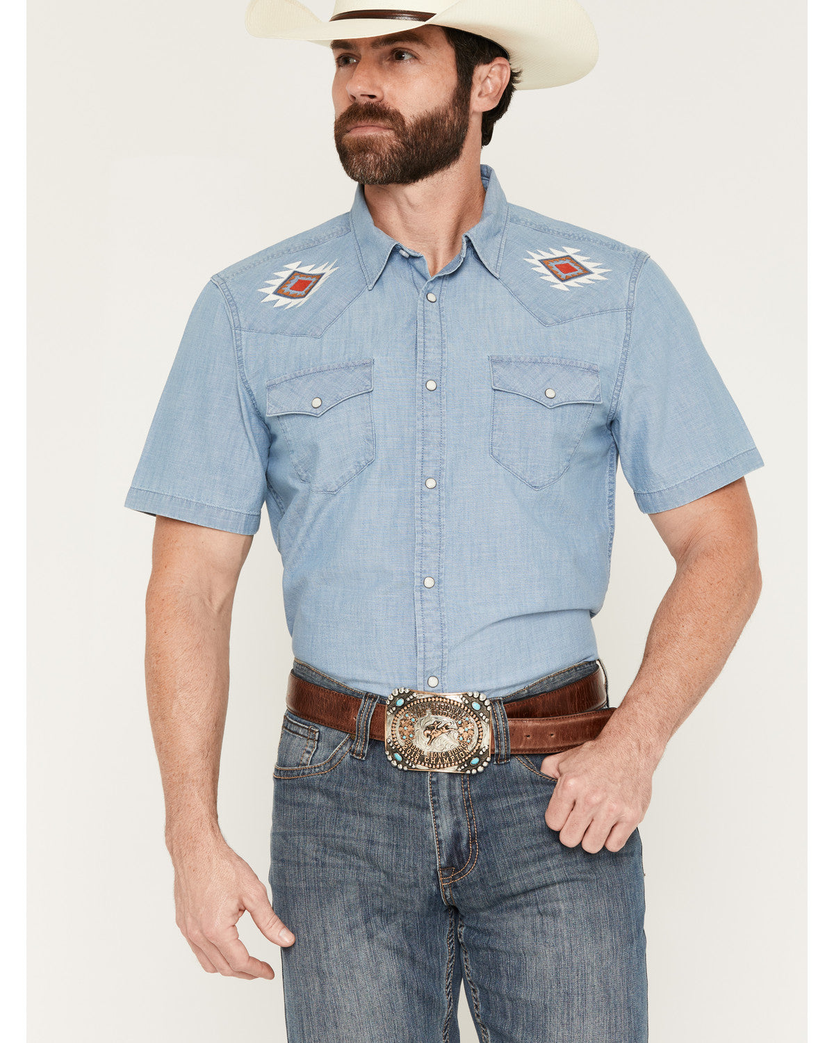 Cody James Men's Tucson Embroidered Denim Short Sleeve Snap Western Sh