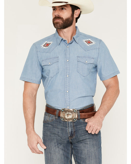 Cody James Men's Tucson Embroidered Denim Short Sleeve Snap Western Sh
