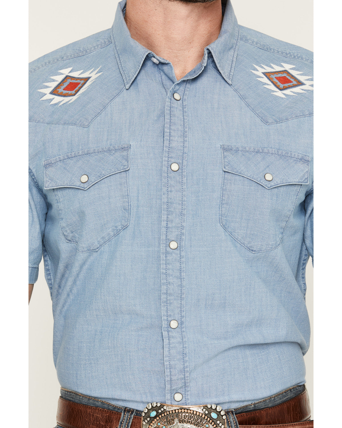 Cody James Men's Tucson Embroidered Denim Short Sleeve Snap Western Sh