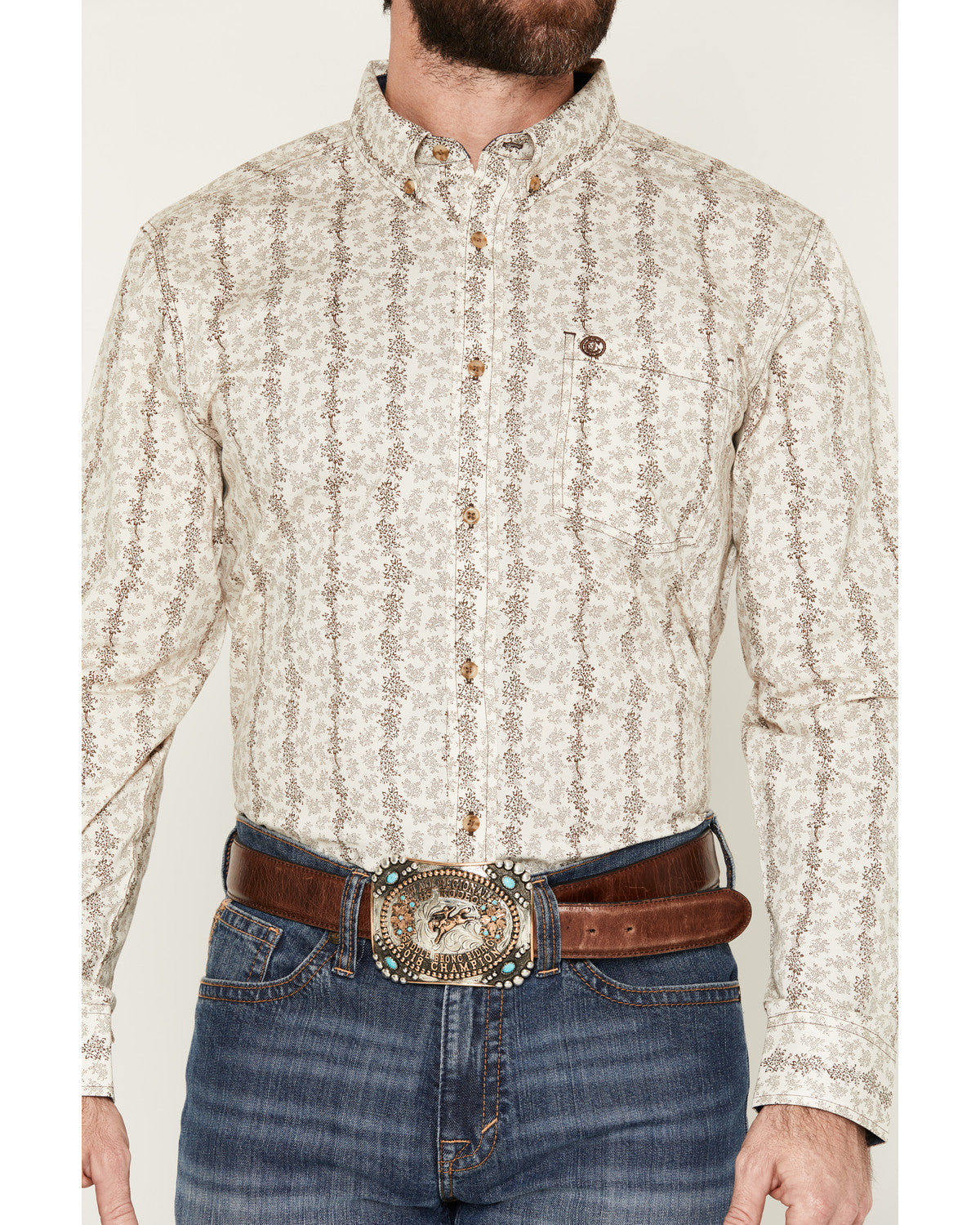 Cody James Men's Hickory Floral Stripe Print Long Sleeve Button-Down S